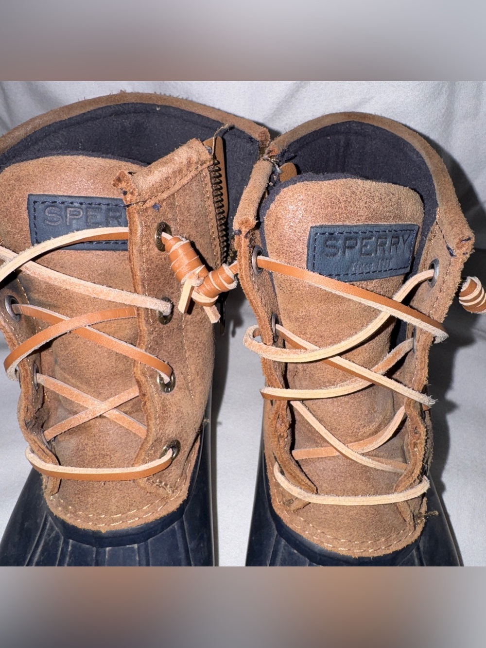 Sperry Tan Suede Duck Boots with Navy Rubber Sole - Women’s
